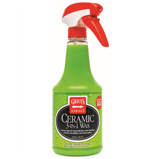 Green spray bottle with red nozzle labeled 'Griot's Garage Ceramic 3-in-1 Wax' on a white background