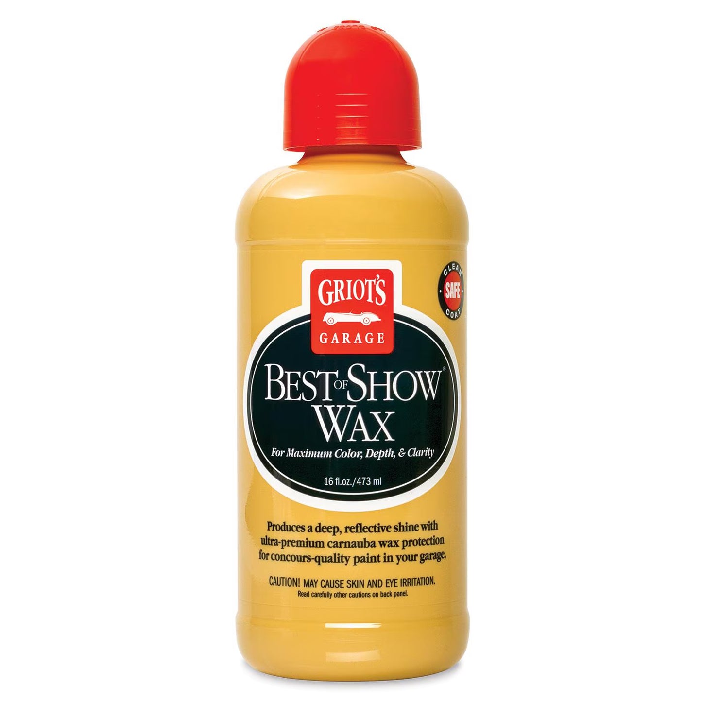 A bottle of Griot's Garage Best of Show Wax for maximum color depth and clarity, featuring a bright yellow wax inside and a red cap, set against a plain white background.