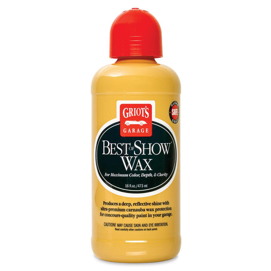 A bottle of Griot's Garage Best of Show Wax for maximum color depth and clarity, featuring a bright yellow wax inside and a red cap, set against a plain white background.