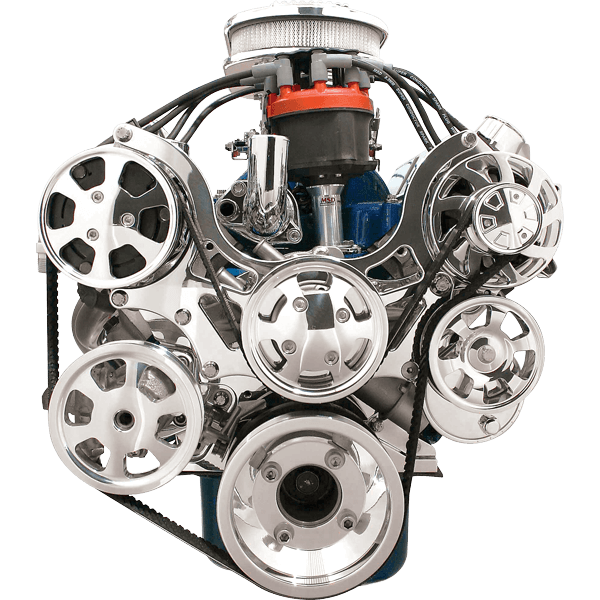 Billet Specialties, Ford SBF Tru Trac serpentine, AC, PS, polished