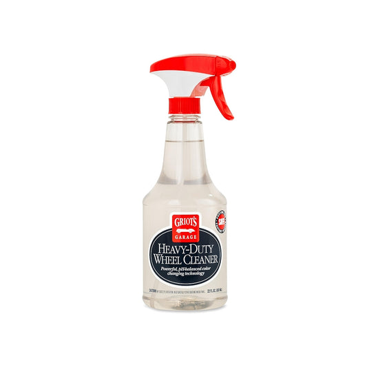 Heavy-duty wheel cleaner spray bottle with red nozzle on a white background