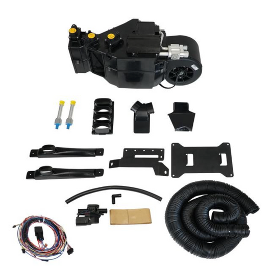Collection of automotive parts including a black metal component, hoses, and connectors on a white background.