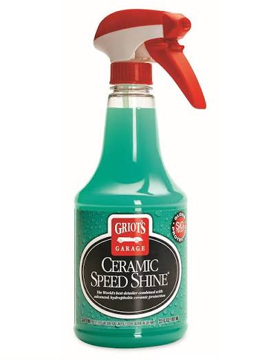 A bottle of Griot's Garage Ceramic Speed Shine with a green liquid inside, a red and white spray trigger top, and a black and red label.